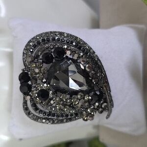 Statement Gunmetal Brooch Pin / Pendant Pave Rhinestones In Leaf Heart Shape